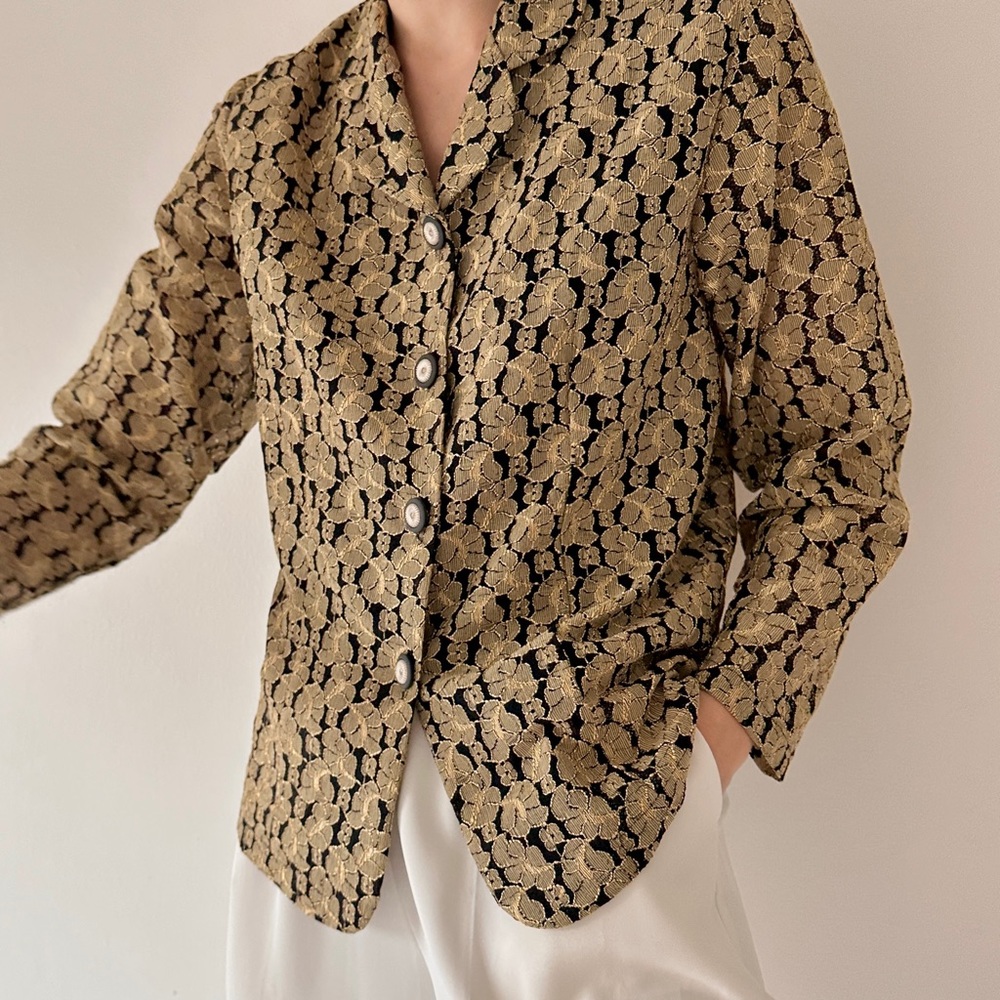 VINTAGE FLORAL POINTELLE LONG SLEEVE BLOUSE TOP BLAZER JACKET LAPELS BROCADE S